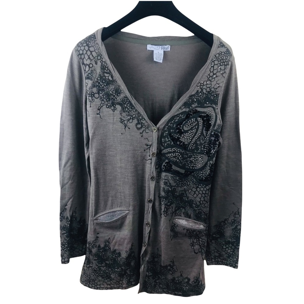 Cardigan Beaded Embellished Duster Brown Black Large Glam Rock Jacket Top